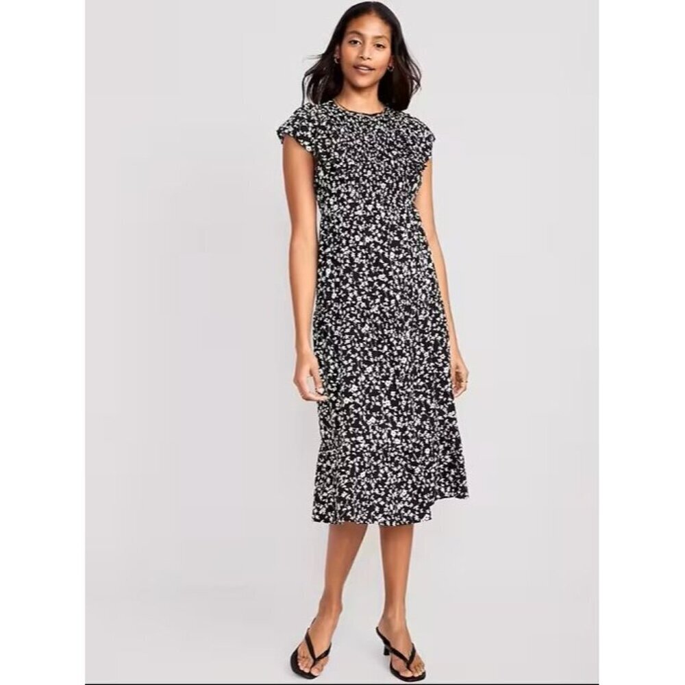 Old Navy Black White Ditsy Floral Fit Flare Flutter Tiered MiDi Dress Women L